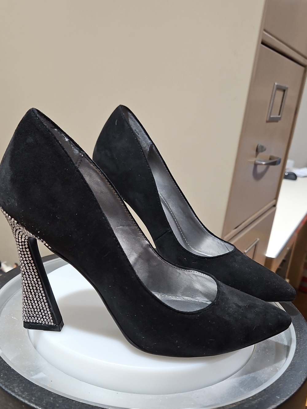 Nine West Black Suede Pointed Pumps with Crystal-Studded Block Heel